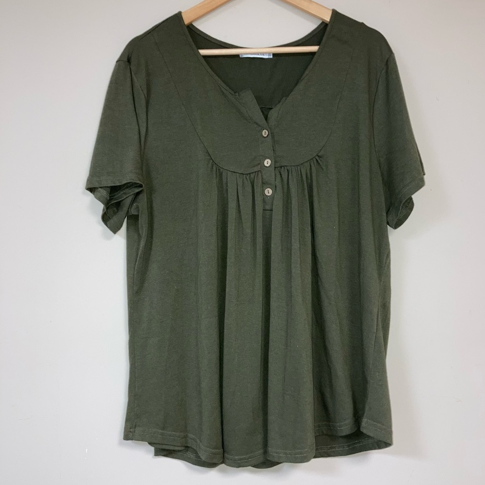 Green Blouse Women 2XL Flowy Loose Relazed Fit Short Sleeve Everyday Top T-Shirt